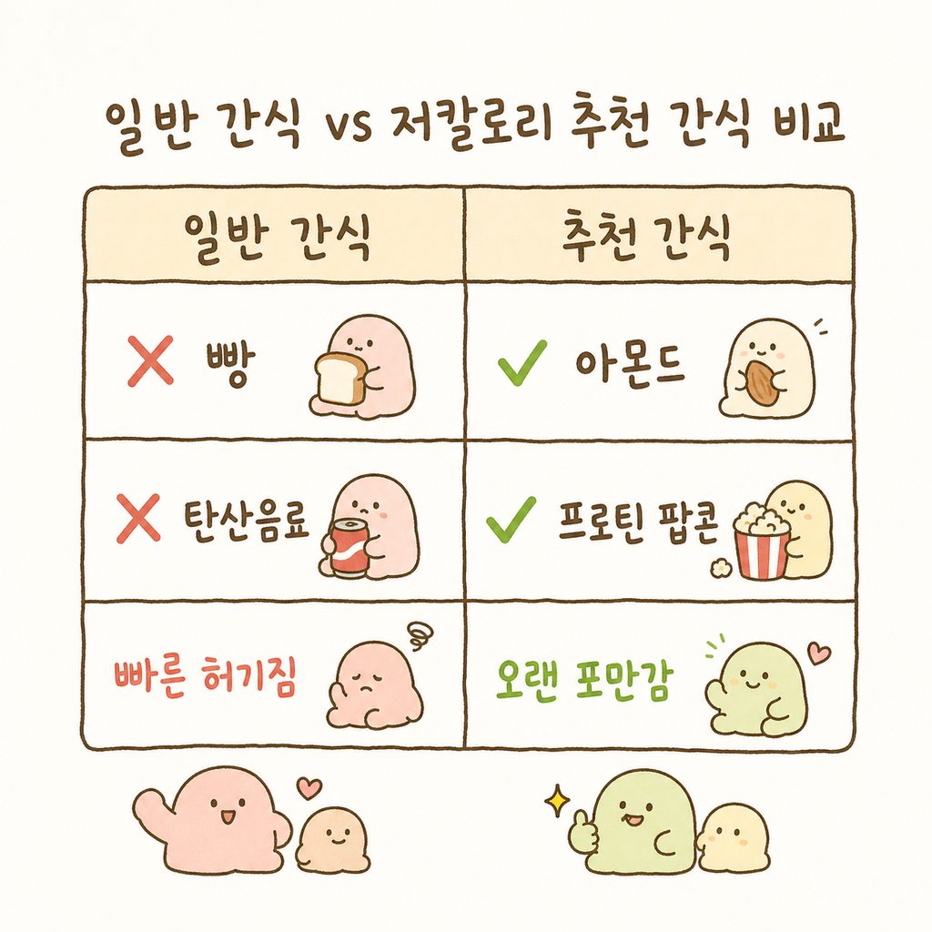 단순한 비교표. 왼쪽 열은 '일반 간식(빵, 탄산음료)', 오른쪽 열은 '추천 간식(아몬드, 프로틴 팝콘)'. 특징으로 '빠른 허기짐' vs '오랜 포만감' 대비.