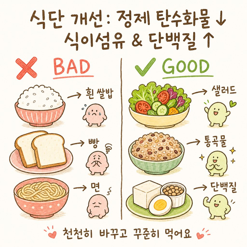左(❌)には白米、パン、麺などの精製炭水化物、右(✅)には新鮮なサラダ、全粒穀物、タンパク質中心の食事が配置された対比カット。