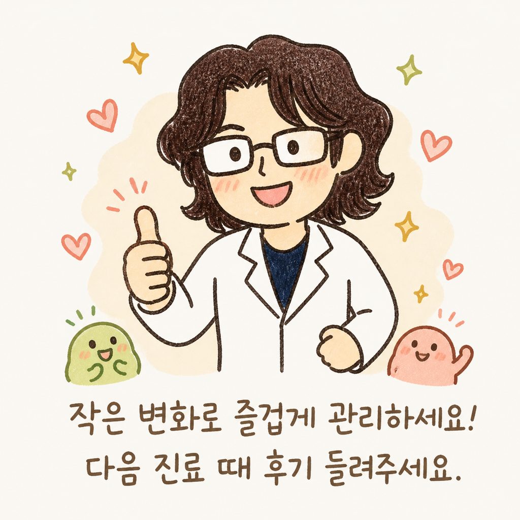 의사 캐릭터가 환하게 웃으며 응원하는 포즈. 한 손으로는 엄지척을 하고 있고 주변에 작은 하트나 별 효과가 흩뿌려진 마무리 컷.