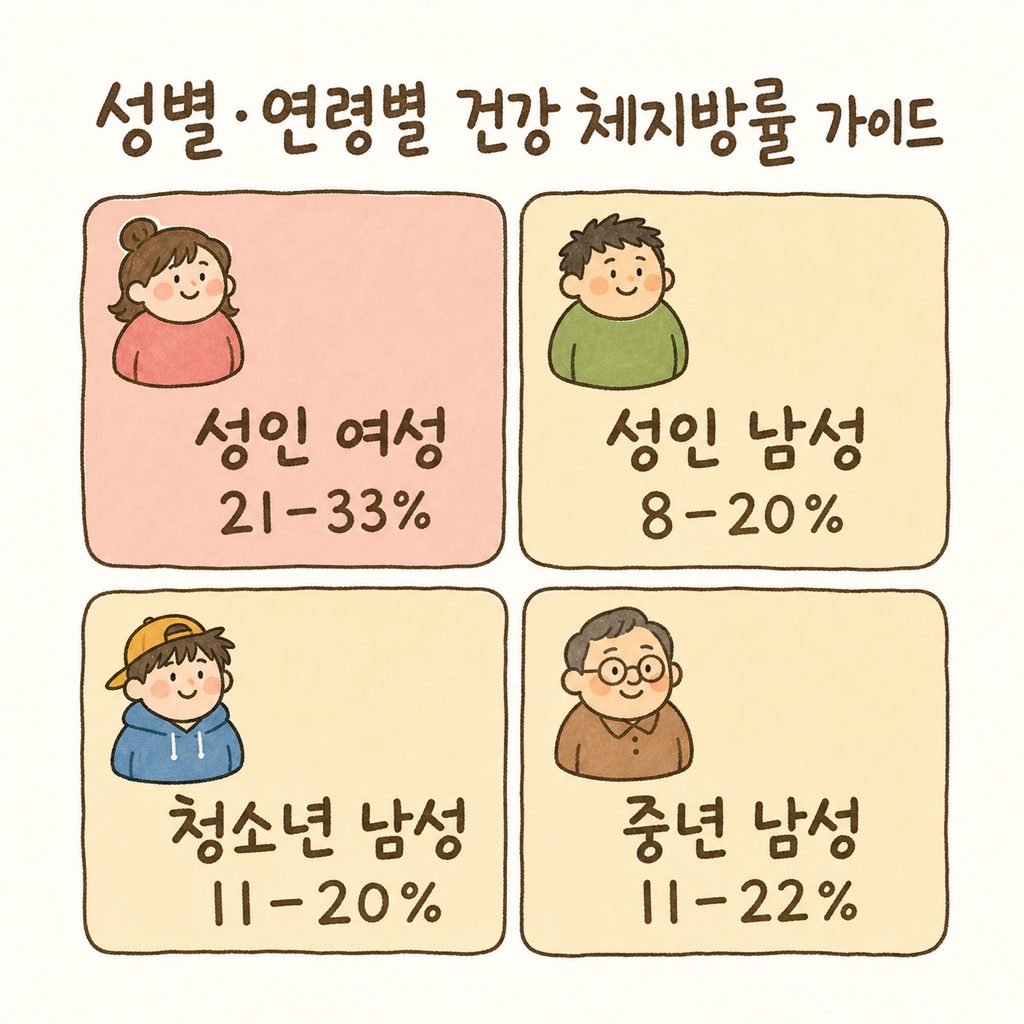 성별/연령별 정상 체지방률 범위를 2x2 그리드로 깔끔하게 정리. 성인여성, 성인남성, 청소년남성, 중년남성 구분