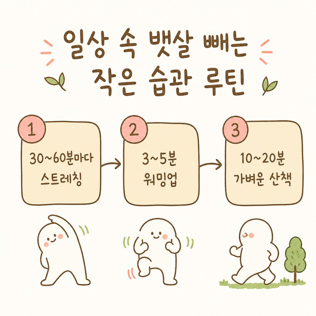 日常の活動習慣を3段階の矢印フローチャートで表現。1. 30〜60分ごとのストレッチ → 2. 3〜5分のウォーミングアップ → 3. 10〜20分の軽い散歩。