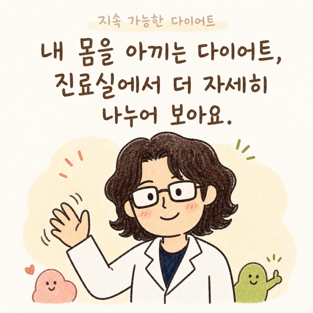 한의사 캐릭터가 따뜻한 느낌으로 손을 흔들거나 격려하는 포즈. 배경에는 '지속 가능한 다이어트' 문구가 은은하게 배치됨.