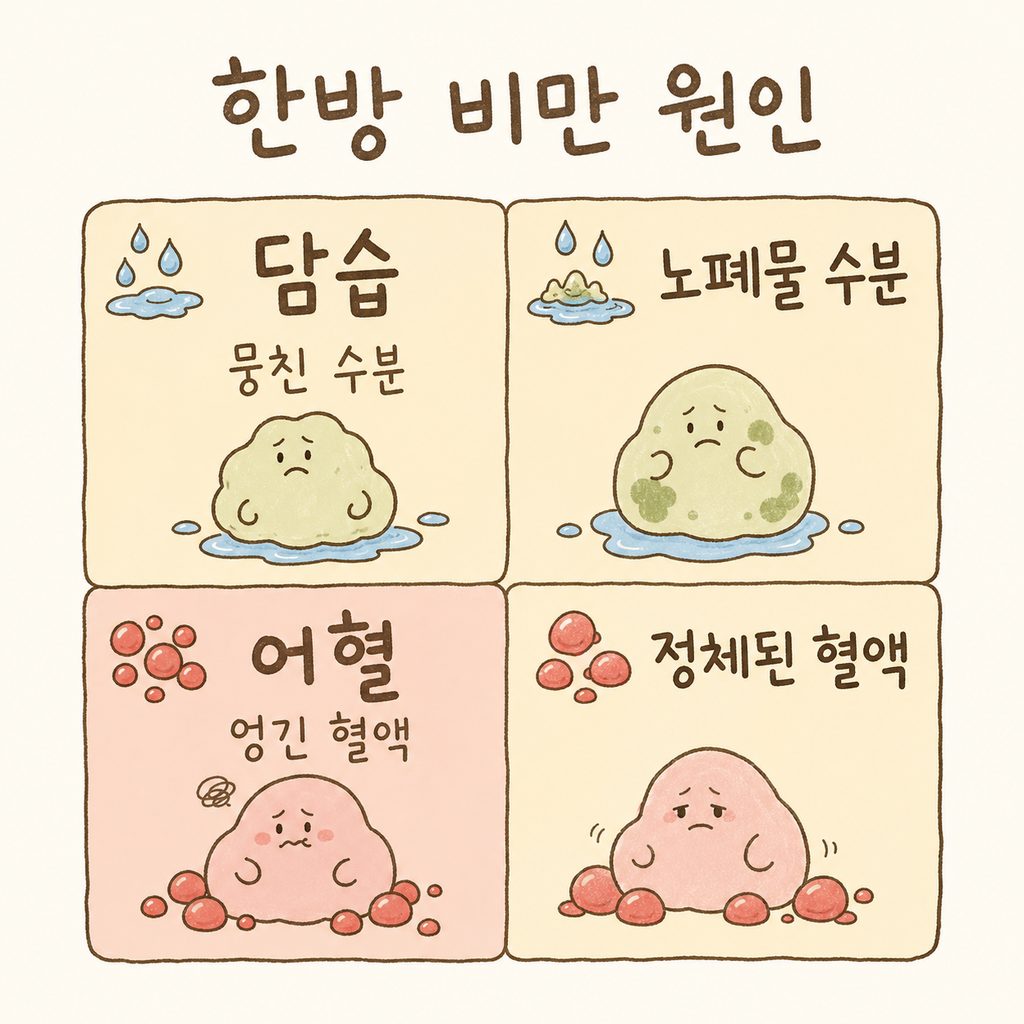 한의학적 비만 원인 두 가지를 구분한 그리드: 한쪽은 '담습(뭉친 수분)', 다른 쪽은 '어혈(엉긴 혈액)'을 시각화
