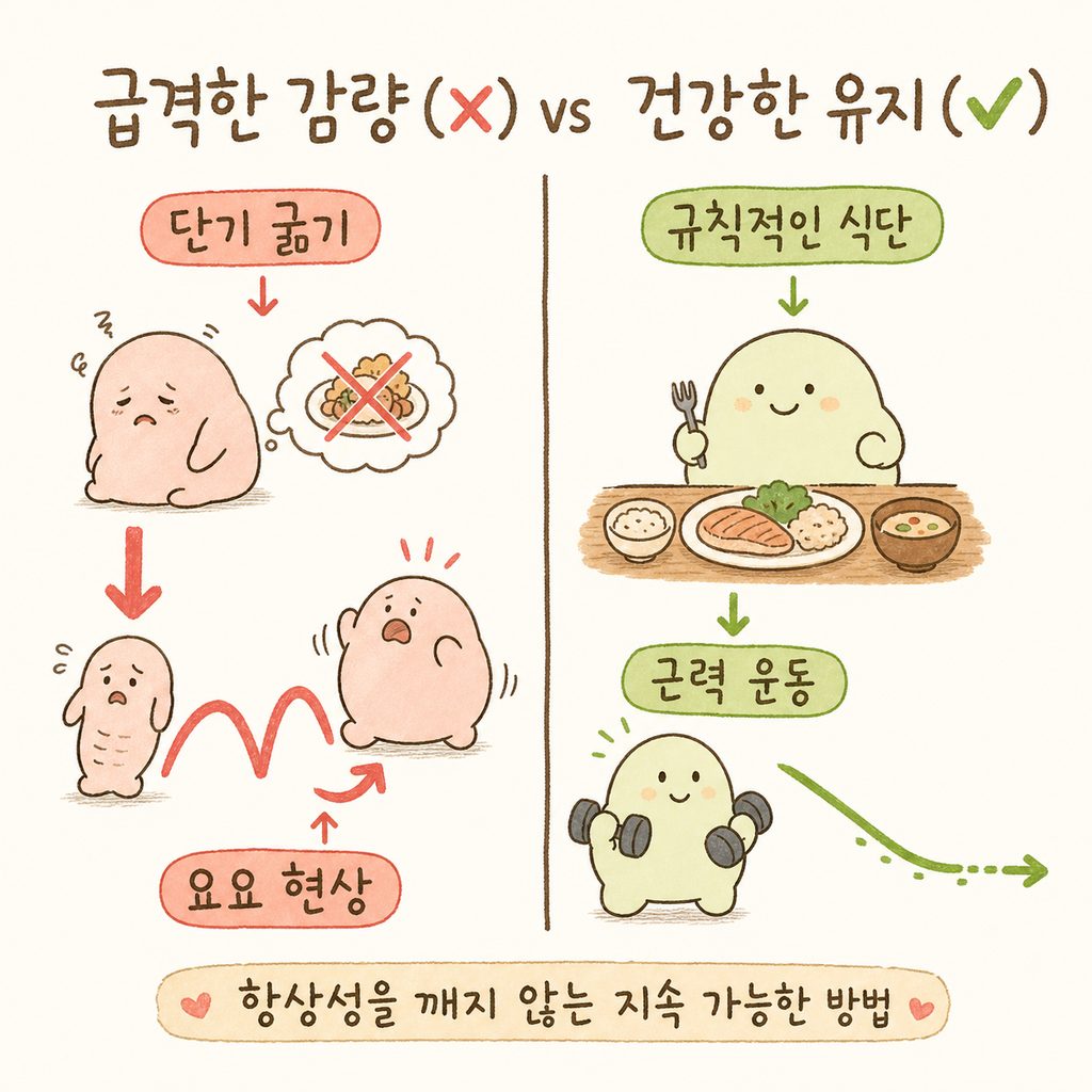 단기 굶기 다이어트로 인한 요요 현상(❌)과 규칙적인 식단 및 근력 운동으로 유지하는 건강한 감량(✅)의 대조 이미지
