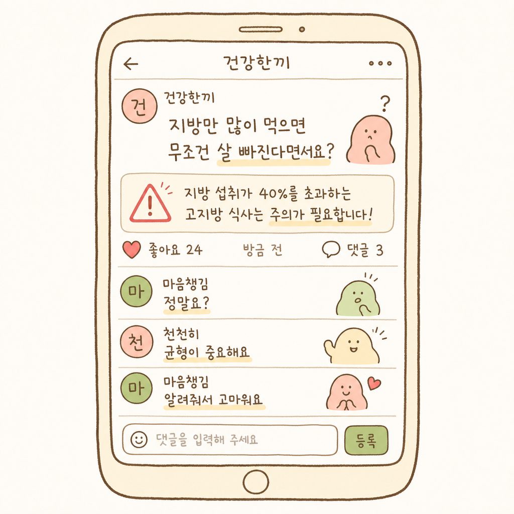 Thiết kế dạng khung chat messenger hoặc bình luận SNS. Câu hỏi 'Nghe nói cứ ăn nhiều chất béo là chắc chắn giảm cân đúng không?' đi kèm với biểu tượng cảnh báo.