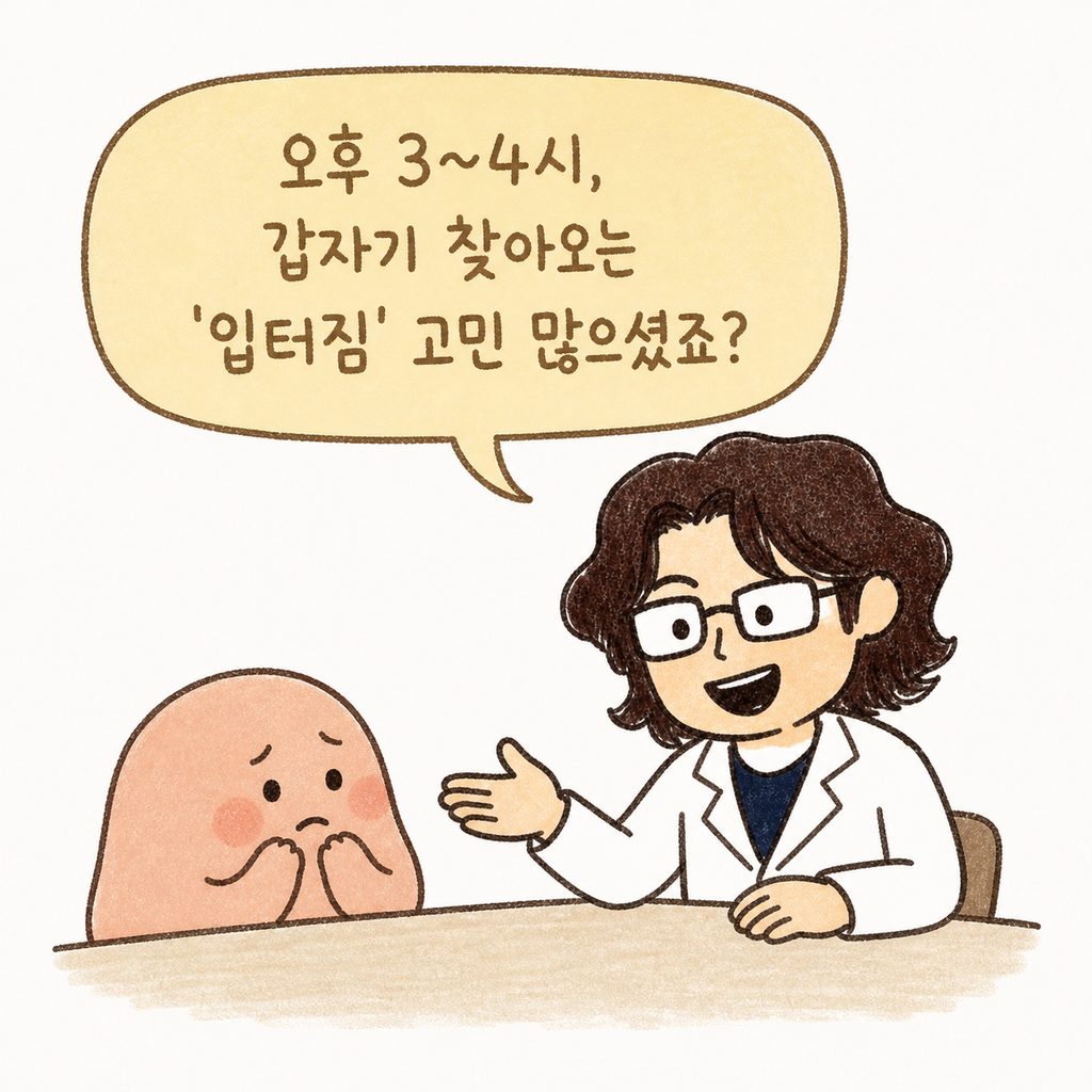 친근한 인상의 의사 캐릭터가 진료실 책상에 앉아 고민하는 환자에게 다정하게 상담해주는 모습. 말풍선으로 고민에 공감하는 표정.