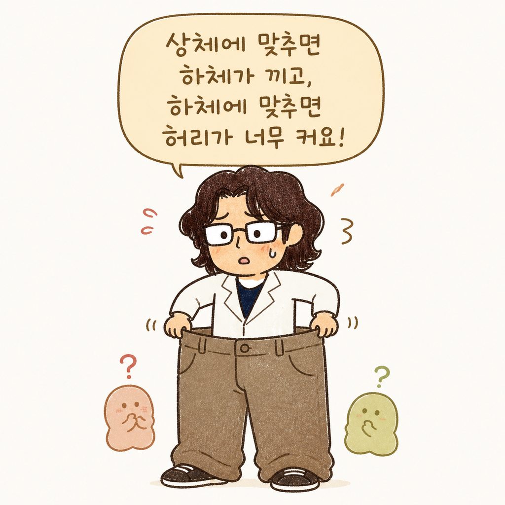 角色穿着宽大的裤子,抓着腰部,表情尴尬。描述因上半身和下半身尺寸差异而苦恼的情况
