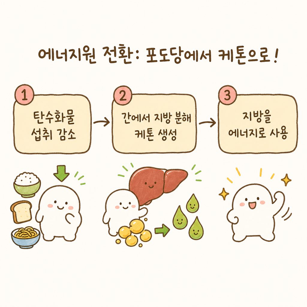 에너지원 전환 과정을 보여주는 플로우 차트. [탄수화물 섭취 감소] → [간에서 지방 분해] → [케톤 생성] → [지방을 에너지로 사용] 순서로 화살표가 연결됨