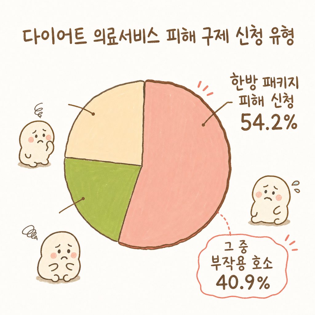 다이어트 의료서비스 피해 구제 신청 유형을 보여주는 원형 그래프. 한방 패키지 비중이 54.2%로 가장 크게 강조된 모습.