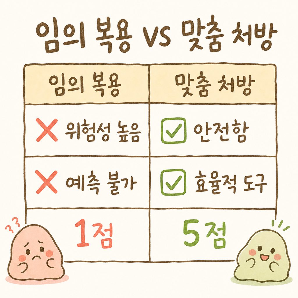 임의 복용과 전문가 맞춤 처방의 차이를 비교하는 표. (임의복용: 위험성 높음, 예측불가 / 맞춤처방: 안전함, 효율적 도구)