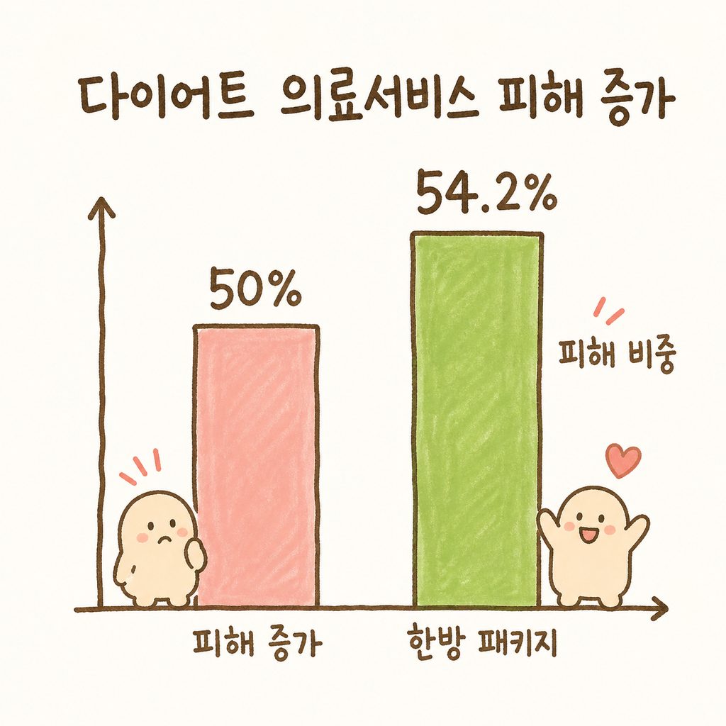 소비자원 자료를 바탕으로 다이어트 의료서비스 피해 증가율(50%)과 한방 패키지 피해 비중(54.2%)을 보여주는 단순한 막대 그래프