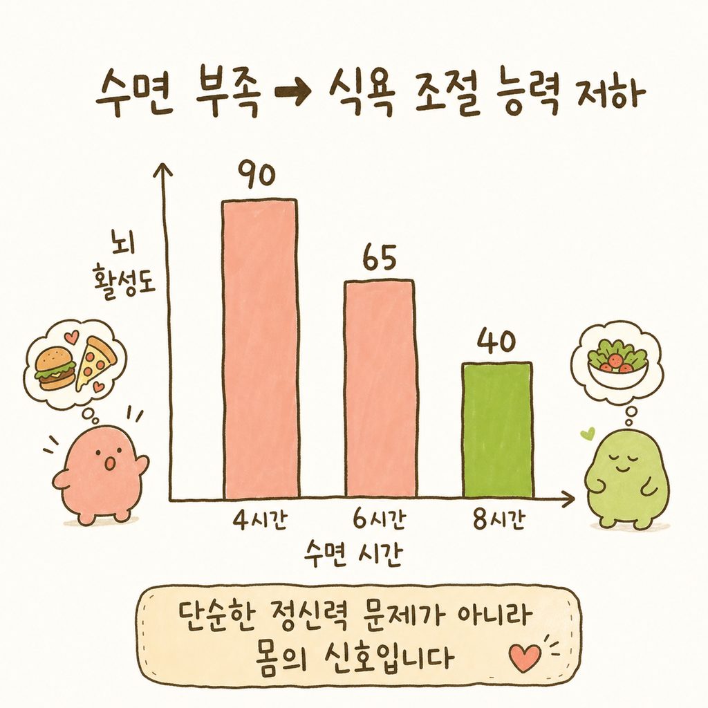 수면 부족과 식욕의 상관관계를 보여주는 단순한 막대 그래프. 수면 시간이 짧을수록 음식 이미지에 대한 뇌 활성도가 높아지는 모습