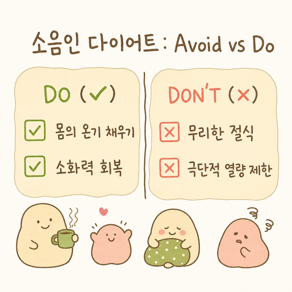 체크리스트 형태의 디자인. 왼쪽에는 ❌ 표시와 함께 '무리한 절식', '극단적 열량 제한'이 적혀 있고, 오른쪽에는 ✅ 표시와 함께 '몸의 온기 채우기', '소화력 회복'이 적혀