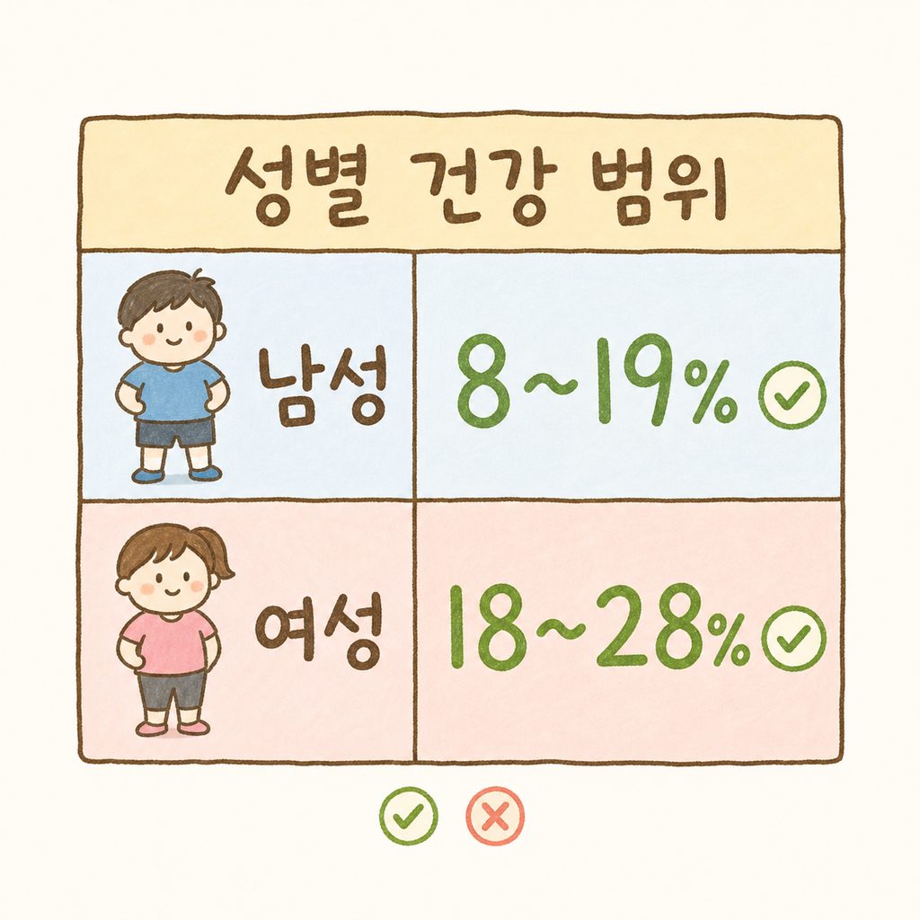 남성과 여성의 건강한 체지방률 범위를 비교한 심플한 표. 남성-파란색, 여성-분홍색 톤으로 구분하여 가독성 높게 배치.