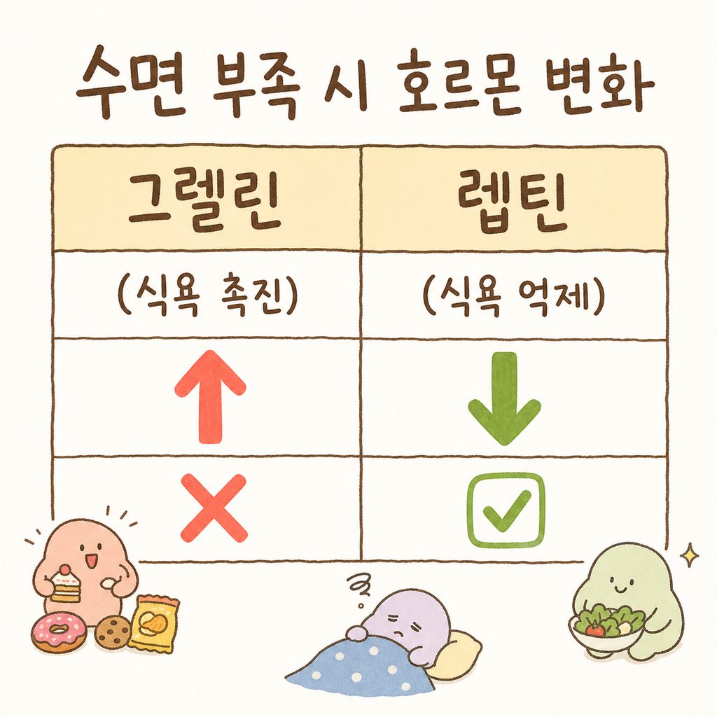 수면 부족 시 호르몬 변화를 대비시킨 표: 그렐린(식욕 촉진)은 상승 화살표, 렙틴(식욕 억제)은 하강 화살표로 표시