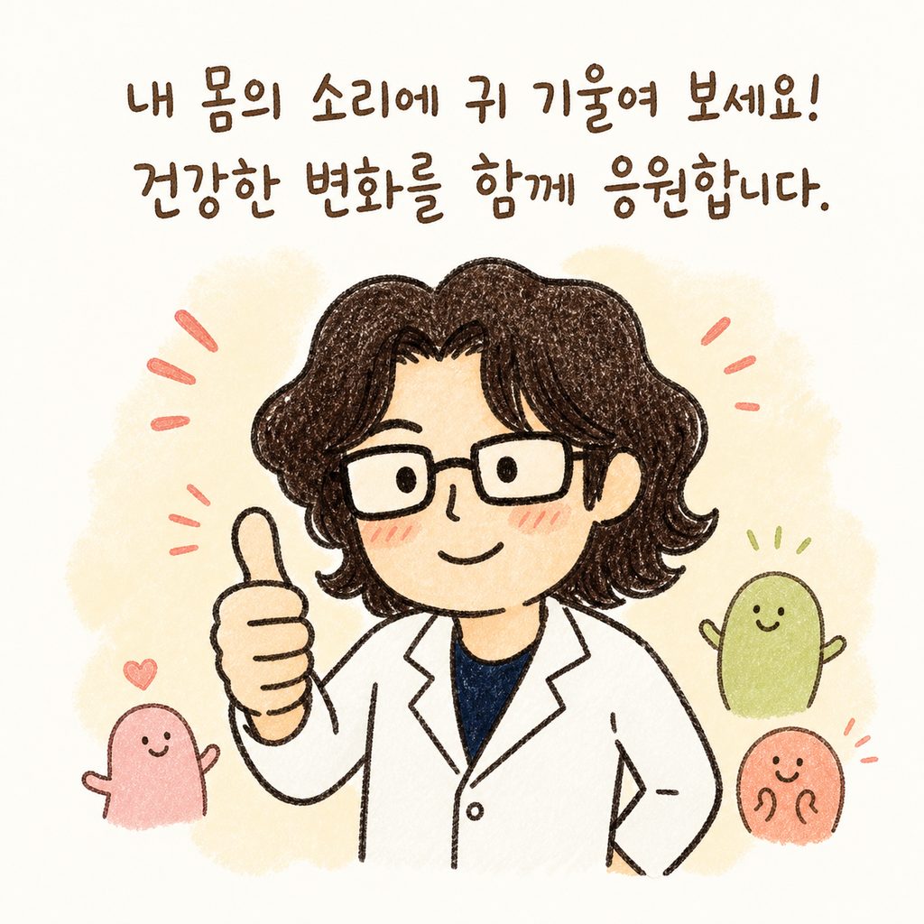 의사 캐릭터가 따뜻한 미소를 지으며 엄지손가락을 치켜세우거나 응원하는 모습으로 글을 마무리하는 장면