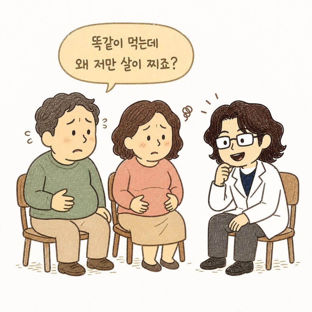 诊室椅子上表情苦恼地摸着肚子的40岁男女角色,以及在倾听的医生角色