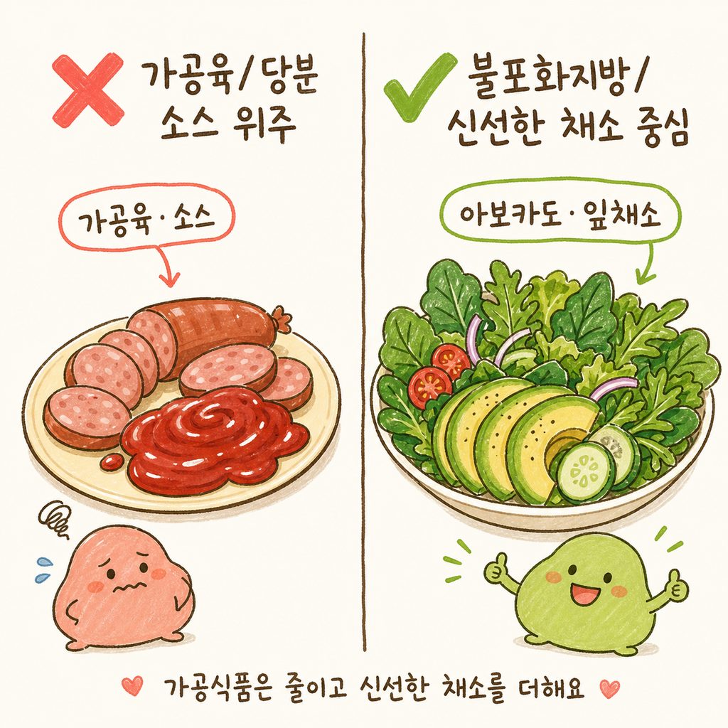 Hình ảnh chia đôi màn hình: bên trái (X) là chế độ ăn nhiều thịt chế biến và nước sốt, bên phải (O) là chế độ ăn nhiều bơ và rau xanh