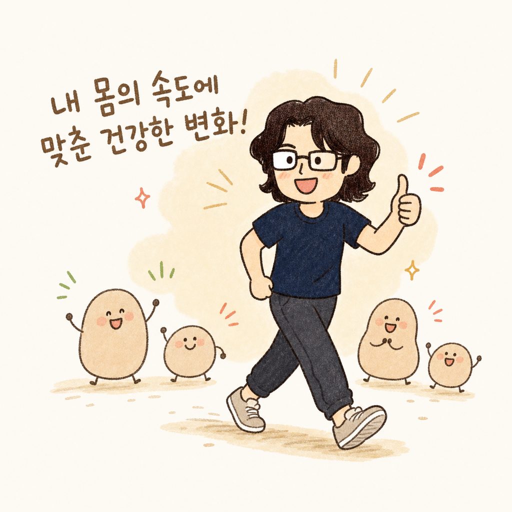 캐릭터가 가벼운 산책복 차림으로 기분 좋게 걷고 있으며, 몸 주변에 따스한 오라가 감도는 모습. 만족스러운 표정으로 엄지를 치켜세우고 있음.