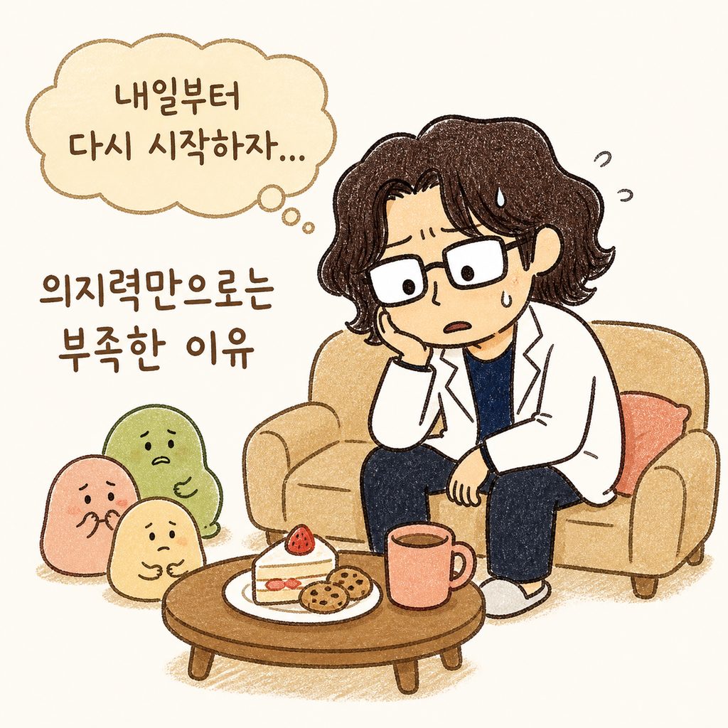 의욕이 꺾여 소파에 축 늘어져 있거나 야식의 유혹 앞에서 고민하며 땀을 흘리고 있는 귀여운 캐릭터의 모습