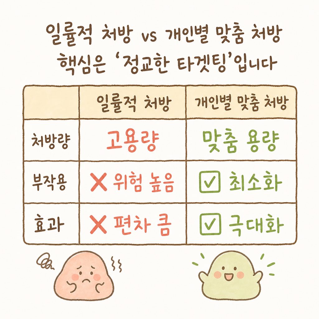 일반적인 고용량 처방과 백록담의 맞춤 처방을 비교하는 표. [일률적 처방: 부작용 위험 높음] vs [맞춤 처방: 부작용 최소화/효과 극대화].