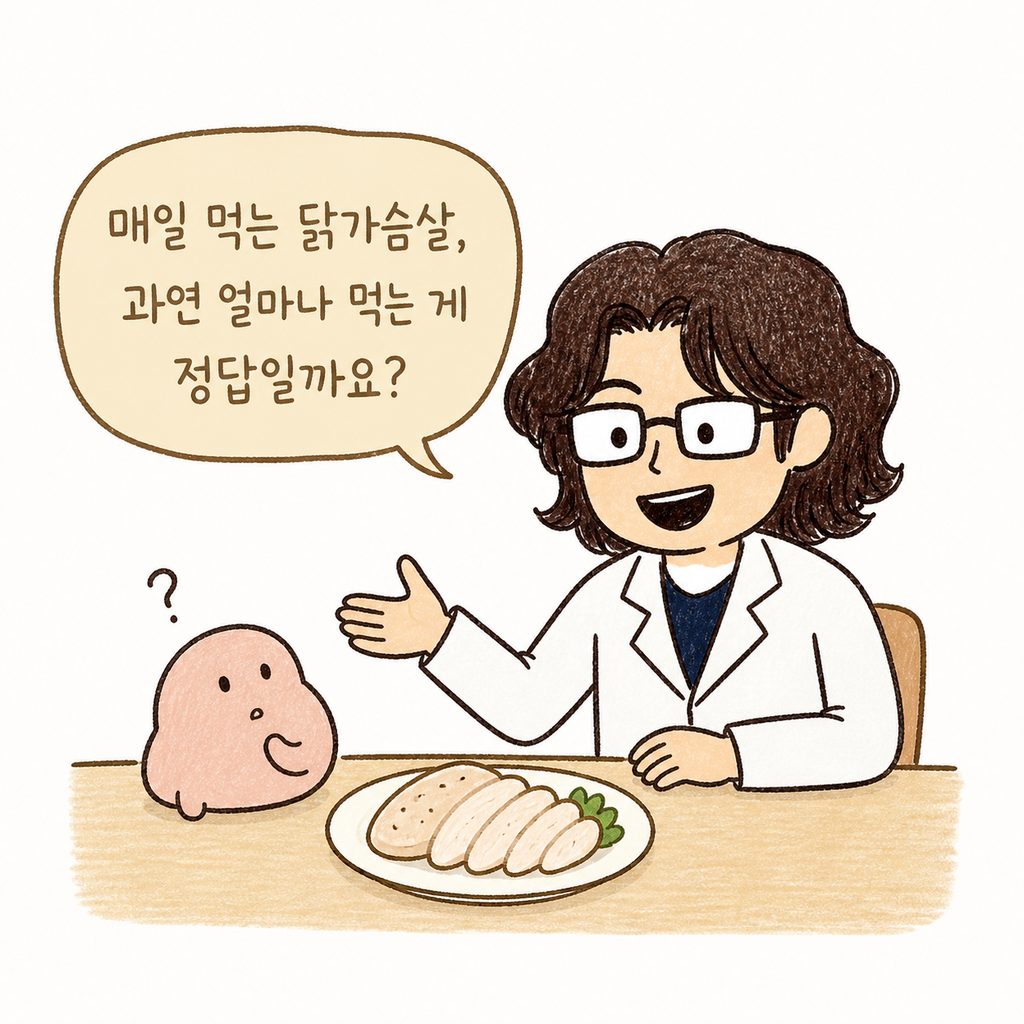 친절한 인상의 의사 캐릭터가 진료실 책상에 앉아 닭가슴살 식단에 대해 고민하는 환자에게 다정하게 설명을 시작하는 모습