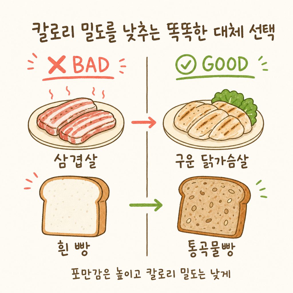 음식 대체 전략을 보여주는 Before/After 컷. 왼쪽(❌)에는 삼겹살과 흰 빵, 오른쪽(✅)에는 구운 닭가슴살과 통곡물빵이 대조되어 그려짐.