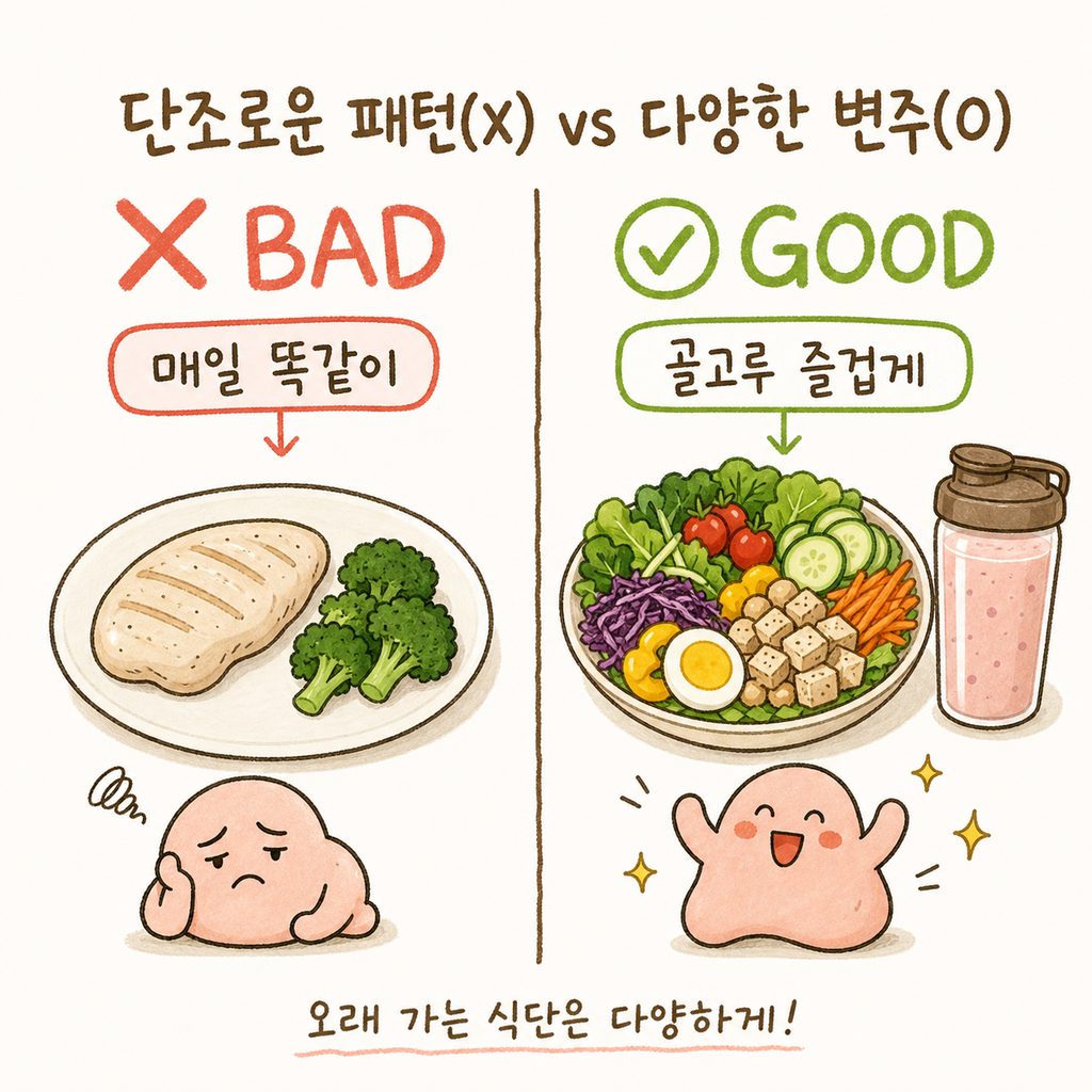 Hình ảnh đối lập giữa chế độ ăn thất bại (X) và chế độ ăn bền vững (O). Bên trái là đĩa ăn đơn điệu chỉ có ức gà khô và bông cải xanh, bên phải là salad đa sắc màu và shake