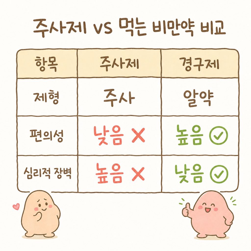 기존 주사제와 일동제약 경구제의 차이점을 비교한 표. [항목: 제형, 편의성, 심리적 장벽] [주사제: 주사/낮음/높음] [경구제: 알약/높음/낮음]