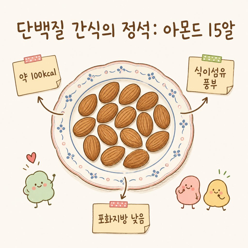 아몬드 15알이 예쁜 접시에 담겨 있고, 화살표와 라벨로 '약 100kcal', '식이섬유 풍부', '포화지방 낮음'이라고 상세 설명이 붙어 있는 컷.