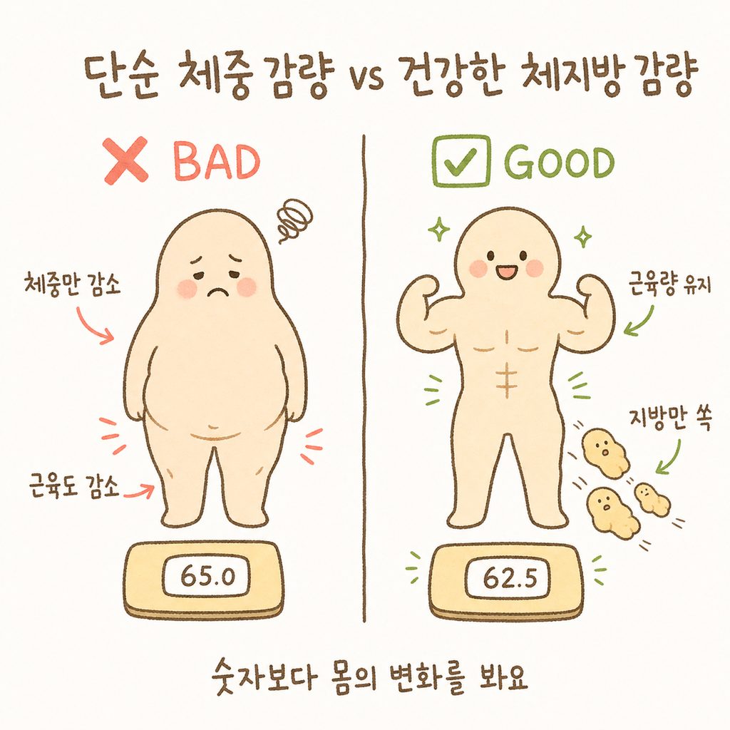 왼쪽(❌)에는 단순히 몸무게 수치만 줄어든 모습, 오른쪽(✅)에는 근육량은 유지하고 지방만 쏙 빠진 탄탄한 몸매 실루엣을 비교하여 보여줌.