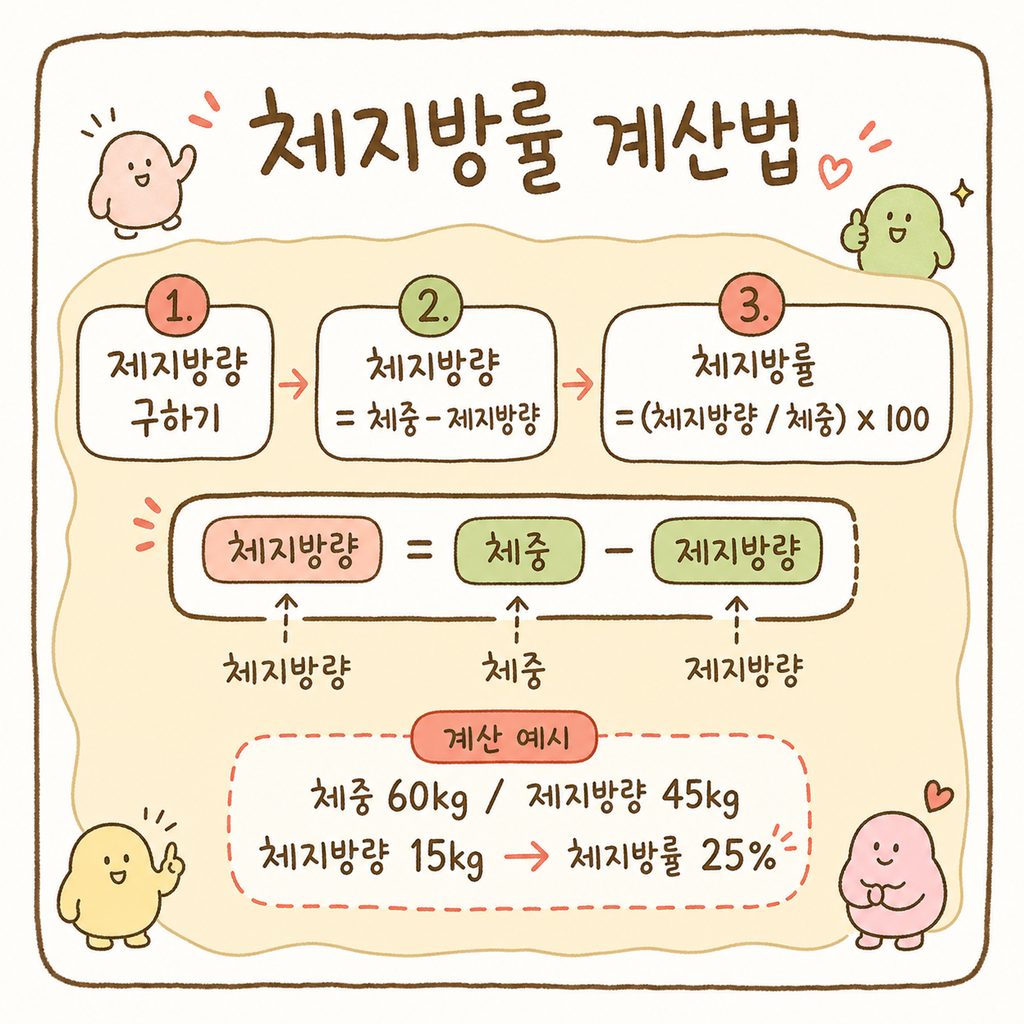 Hình ảnh các bước tính tỷ lệ mỡ cơ thể được sắp xếp gọn gàng trong khung công thức toán học: 1. Khối lượng không mỡ -> 2. Khối lượng mỡ -> 3. Tỷ lệ mỡ cơ thể