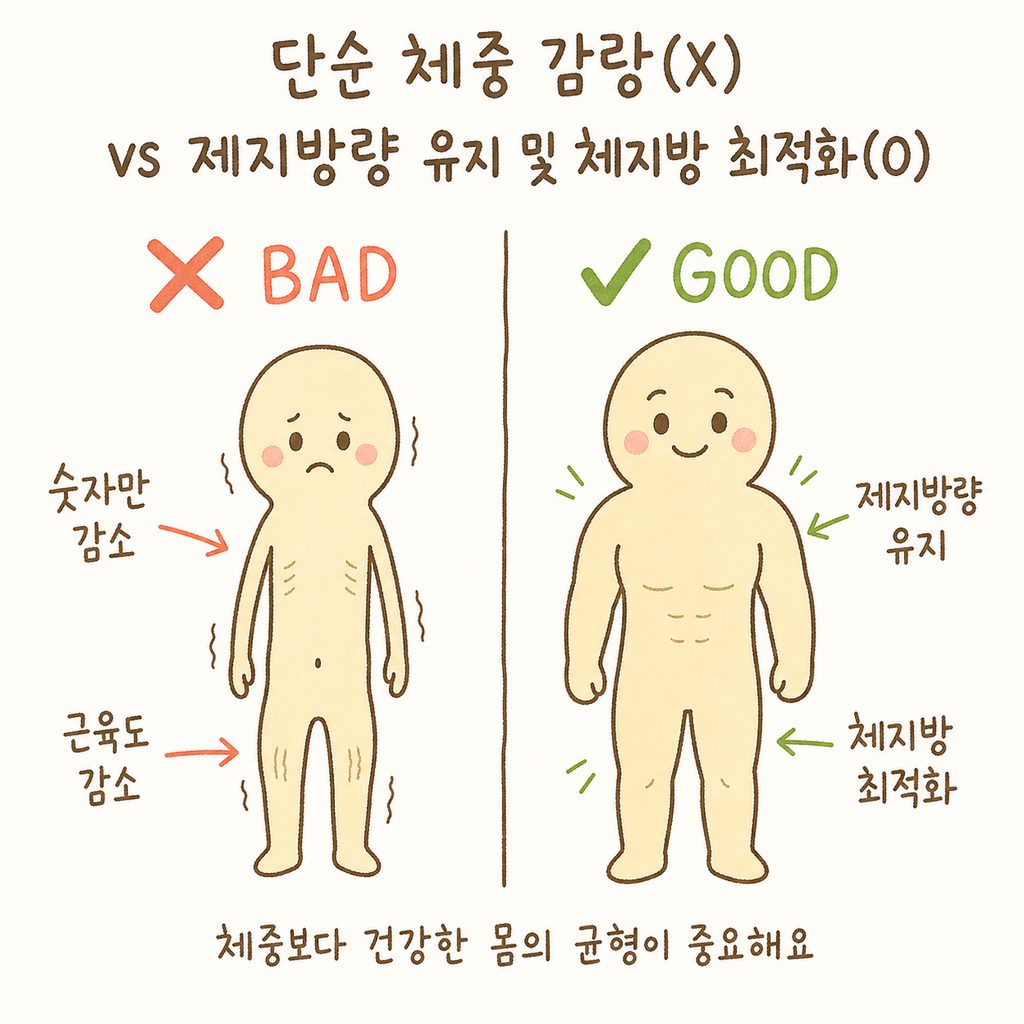 So sánh hình bóng: bên trái (X) là cơ thể gầy do chỉ giảm con số, bên phải (O) là cơ thể khỏe mạnh giảm mỡ hợp lý trong khi vẫn duy trì khối lượng không mỡ (cơ bắp)