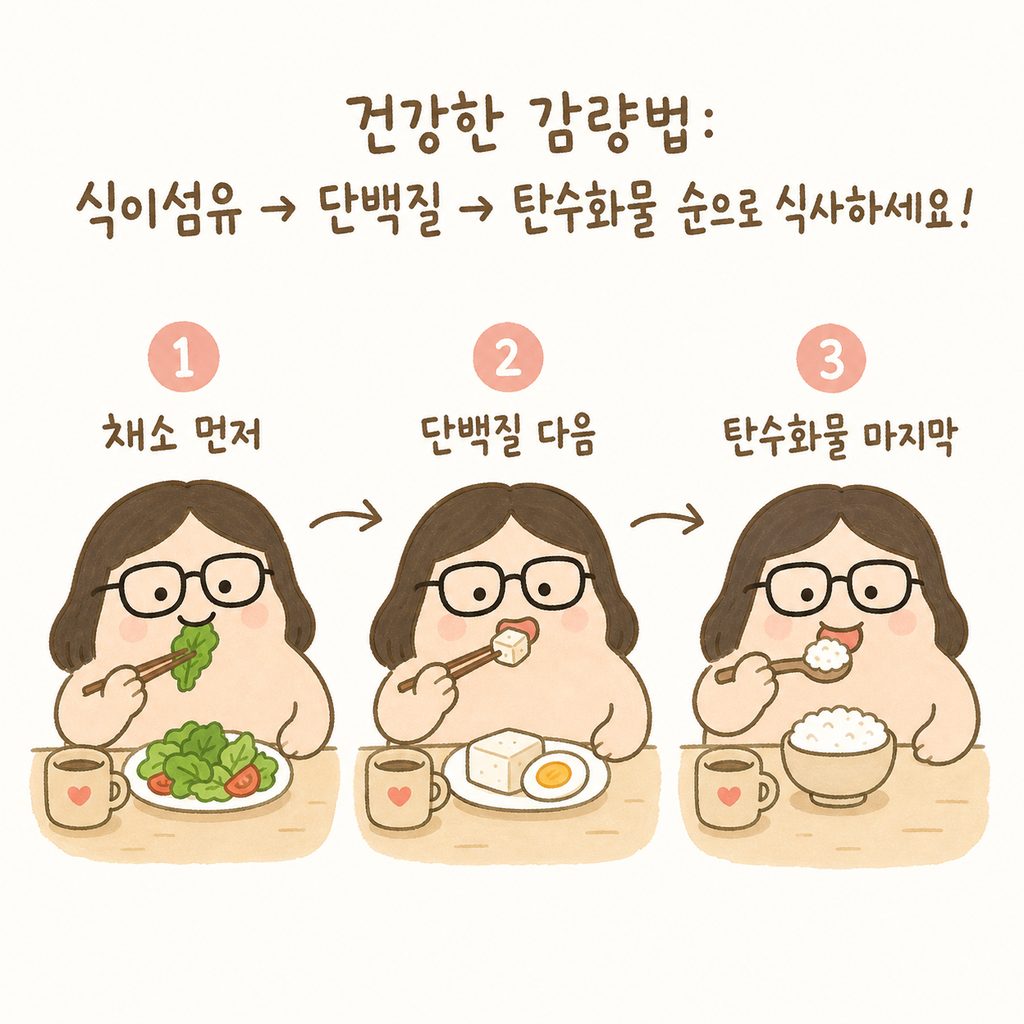 角色在餐桌上依次食用蔬菜→蛋白质→碳水化合物的过程，展示为1、2、3步骤的序列图