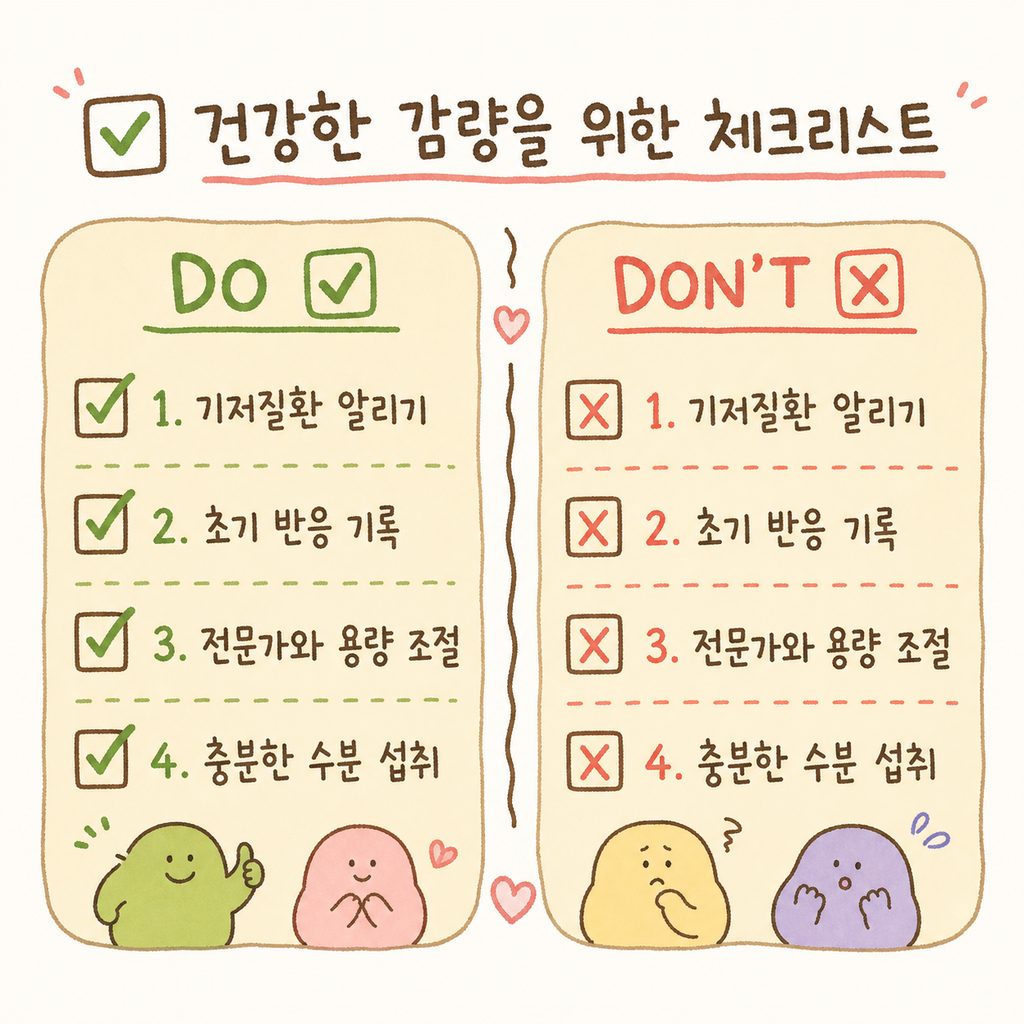 Danh sách dưới dạng checkbox tóm tắt 4 điểm cần thực hiện để giảm tác dụng phụ: (Thông báo bệnh lý nền, Ghi chép phản ứng ban đầu, Điều chỉnh liều lượng bởi chuyên gia, Uống đủ nước)