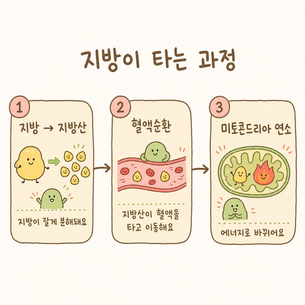 지방이 분해되어 에너지로 바뀌는 과정을 단계별 화살표로 표현: 지방 → 지방산 → 혈액 이동 → 미토콘드리아 연소
