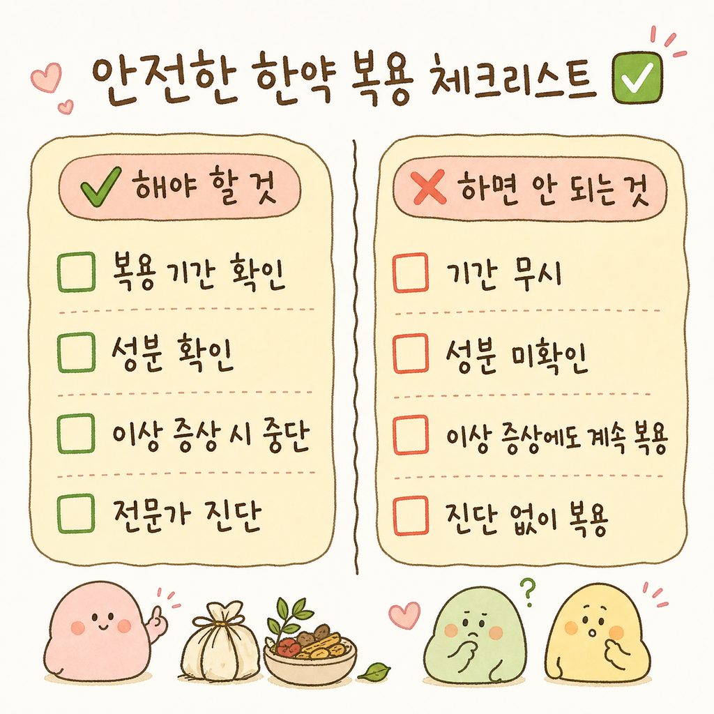 안전한 한약 복용법 체크리스트. 체크박스와 함께 복용 기간 확인, 성분 확인, 이상 증상 시 중단, 전문가 진단 4가지 항목 배치