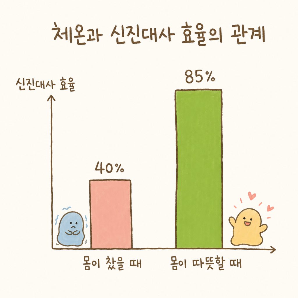 신진대사 효율을 나타내는 단순한 막대그래프. '몸이 찼을 때'는 낮은 막대, '몸이 따뜻할 때'는 높은 막대로 그려져 에너지 소비 효율의 차이를 직관적으로 보여줌.