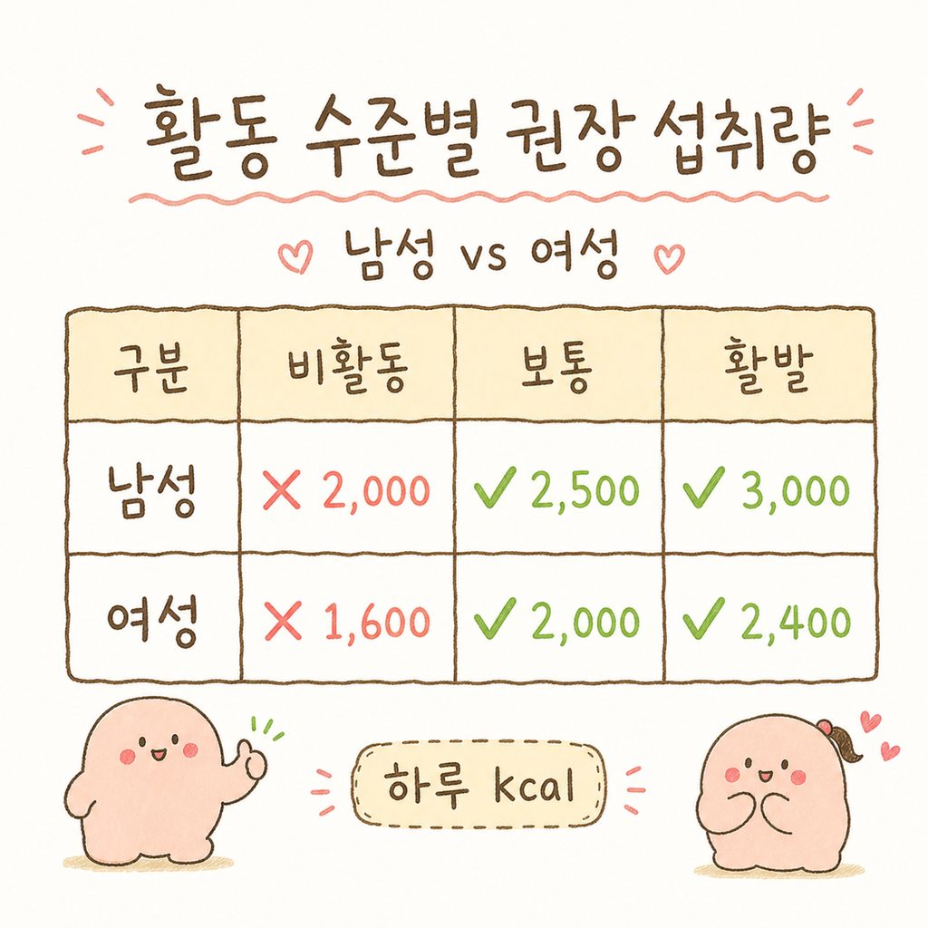 남성과 여성의 활동 수준별 권장 칼로리를 비교하는 표. 남성(비활동/보통/활발)과 여성(비활동/보통/활발)의 수치가 깔끔하게 정리된 레이아웃.
