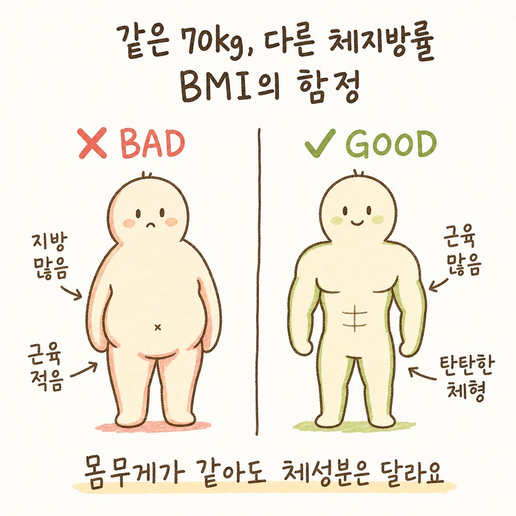 왼쪽(❌)은 BMI는 정상이지만 지방이 많은 마른 비만 체형의 실루엣, 오른쪽(✅)은 동일 BMI지만 근육량이 많은 탄탄한 체형의 실루엣 비교