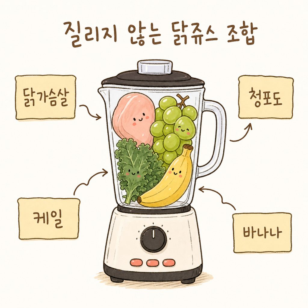 Hình ảnh các nguyên liệu cho vào máy xay với nhãn chú thích. Ức gà, nho xanh, cải xoăn, chuối được đánh dấu bằng mũi tên để cho thấy thành phần shake trong một cái nhìn