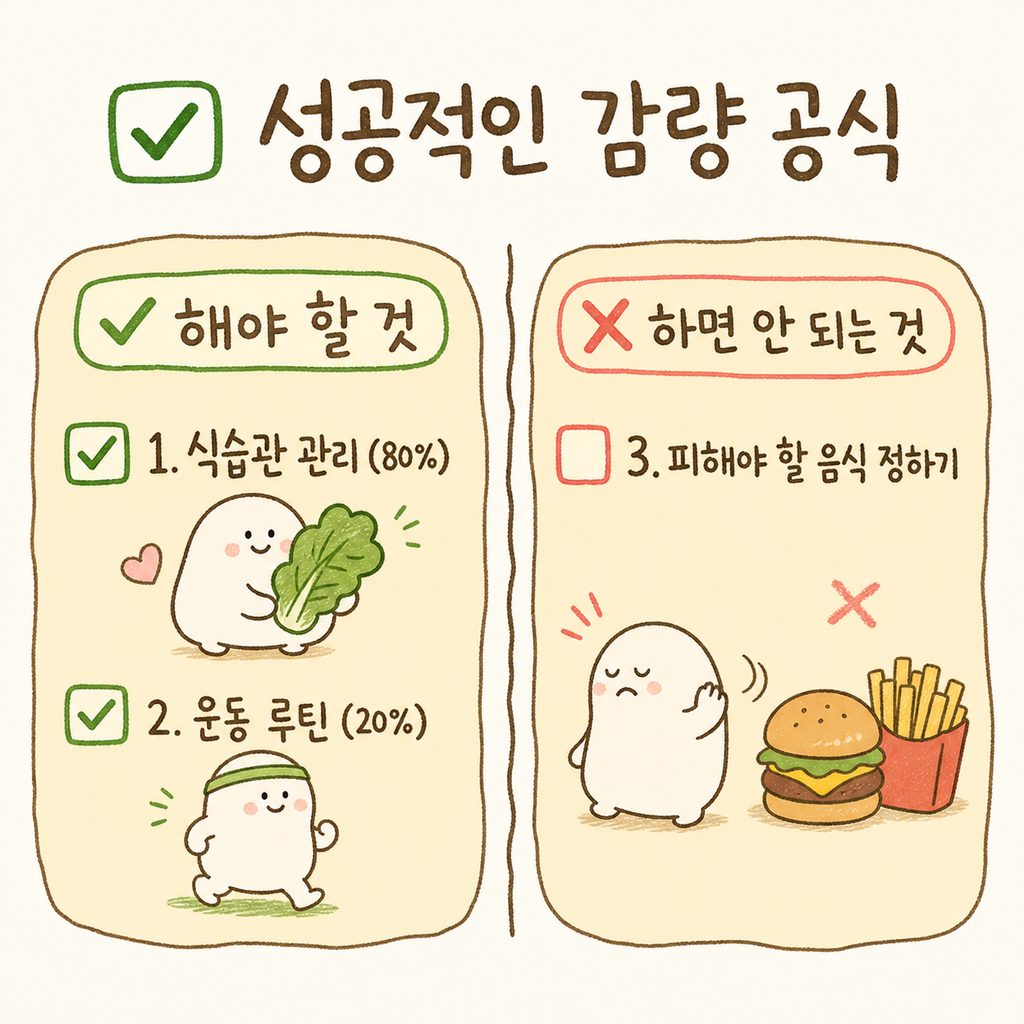 체중 감량의 핵심 비율을 보여주는 체크리스트. 식단 80%와 운동 20%의 비중을 강조하여 배치