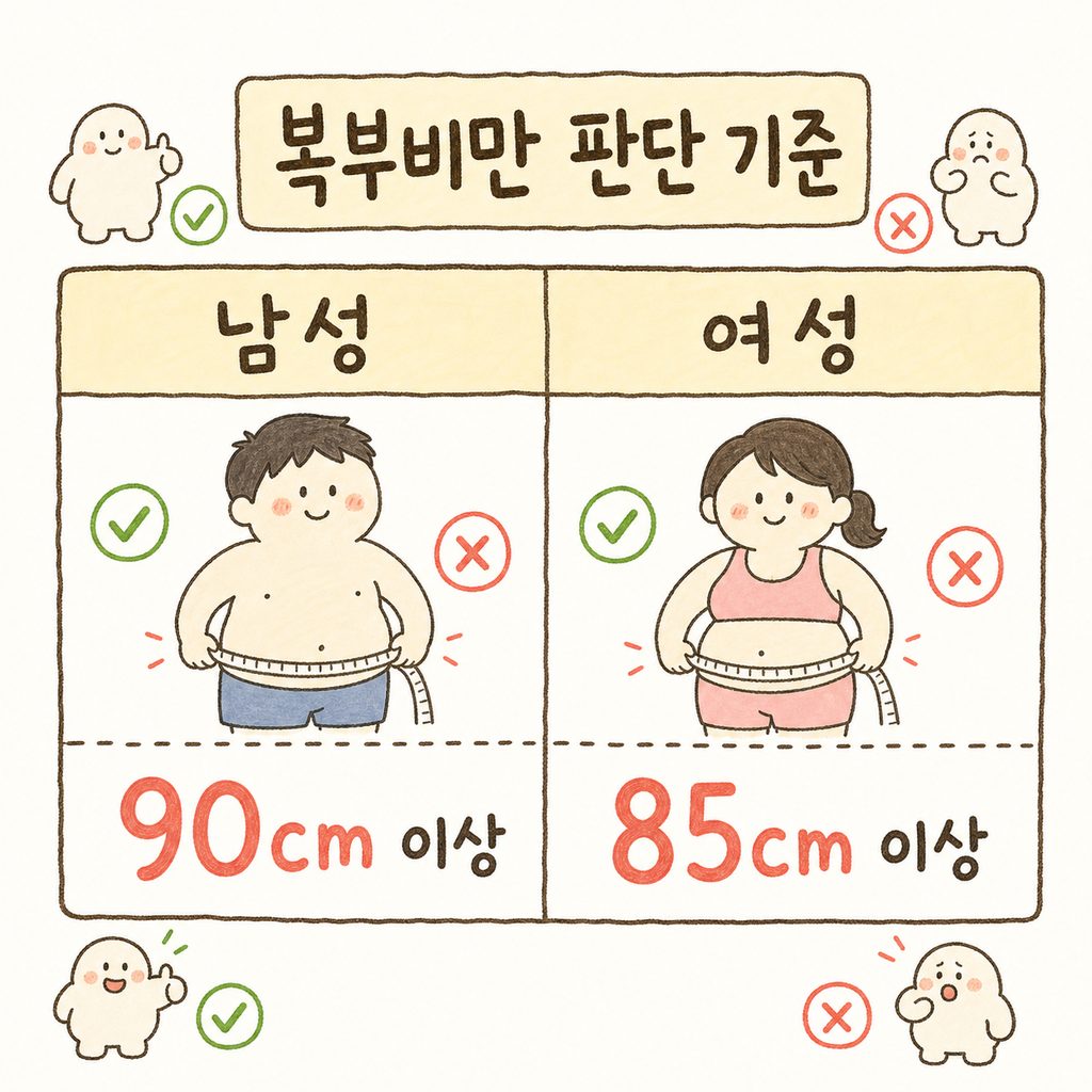 男性と女性の腹部肥満基準数値を明確に 대비させた比較表。男性アイコンと女性アイコンを使用して視認性を高めている。