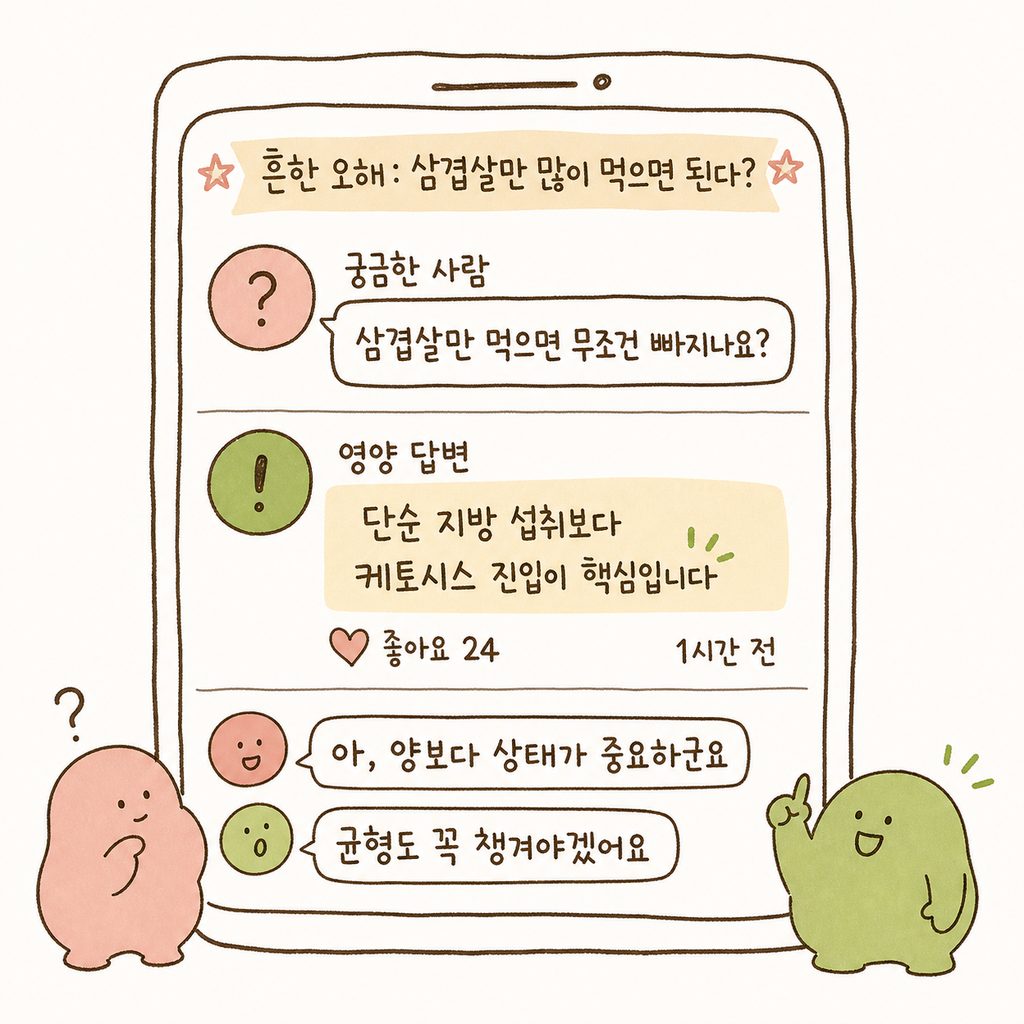 스마트폰 메신저나 SNS 댓글창 형식의 디자인. '삼겹살만 먹으면 무조건 빠지나요?'라는 질문에 전문가가 '단순 지방 섭취보다 케토시스 진입이 핵심입니다'라고 답변하는 캡처 화면