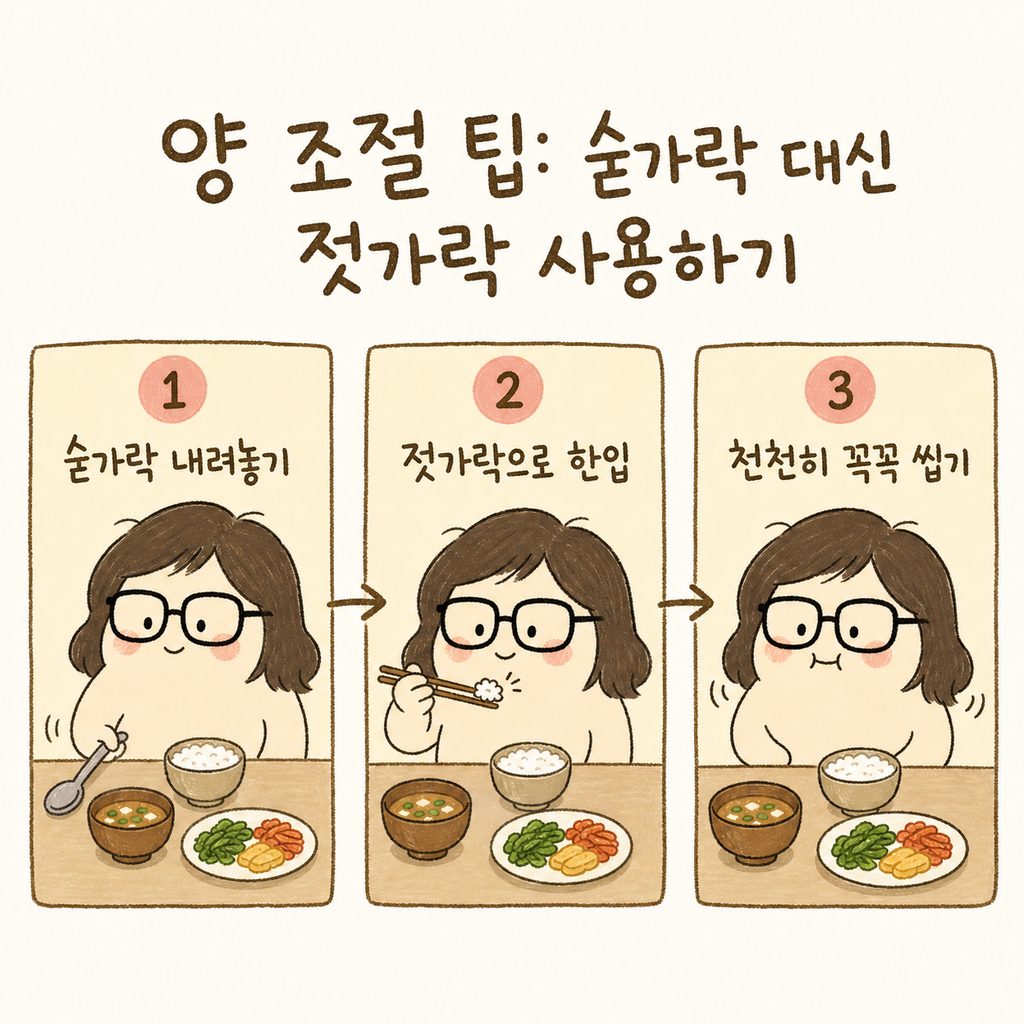 캐릭터가 식사하는 2단계 시퀀스. 1단계: 숟가락을 내려놓는 모습, 2단계: 젓가락만 사용하여 정갈하게 음식을 집어 천천히 씹는 모습의 연속 그림.