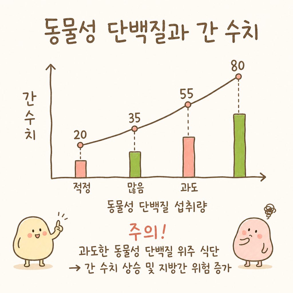 과도한 동물성 단백질 섭취 시 간 수치가 상승하는 경향을 보여주는 단순한 상승 곡선 그래프