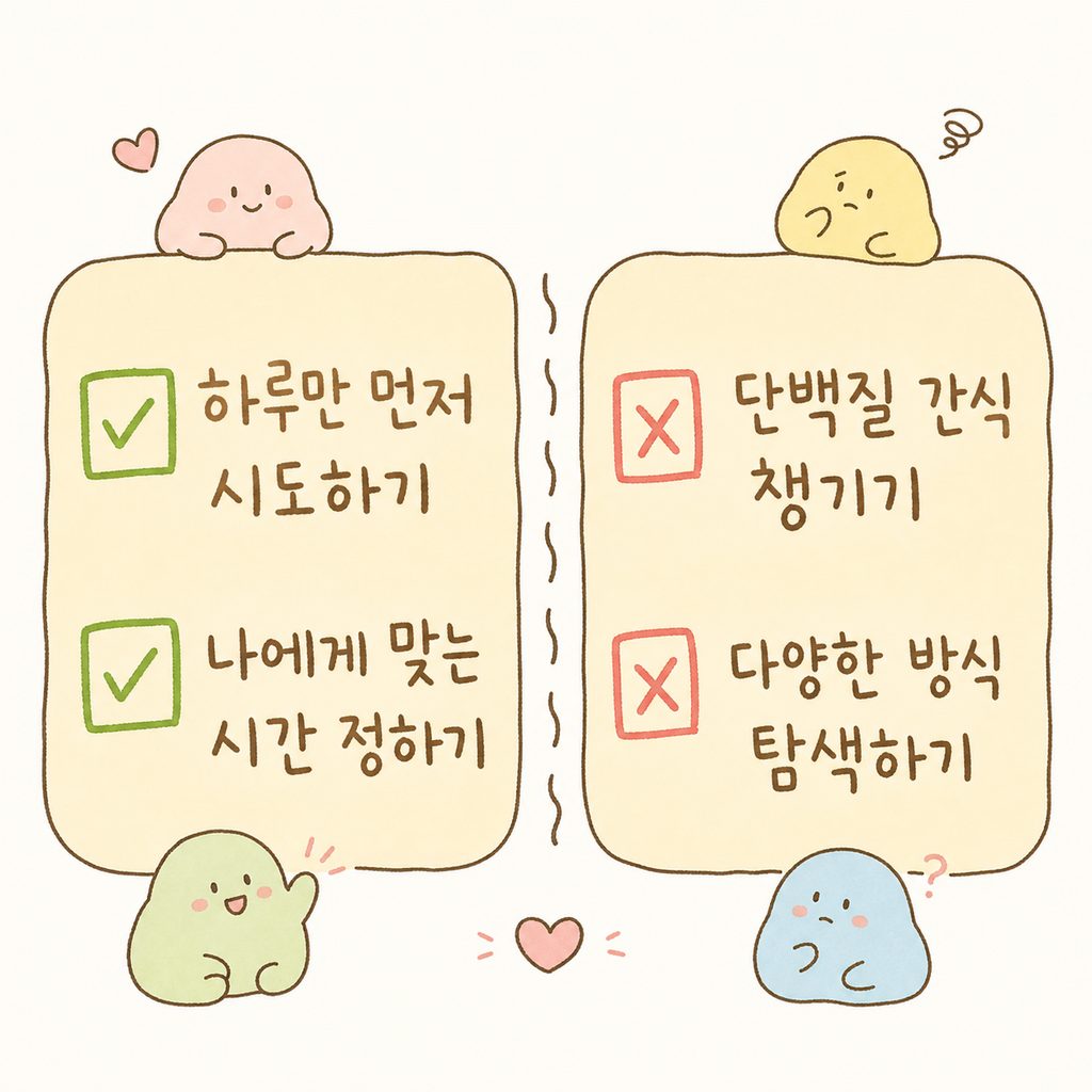 초보자를 위한 실천 체크리스트. 체크박스 형태로 4가지 핵심 포인트를 깔끔하게 나열한 디자인