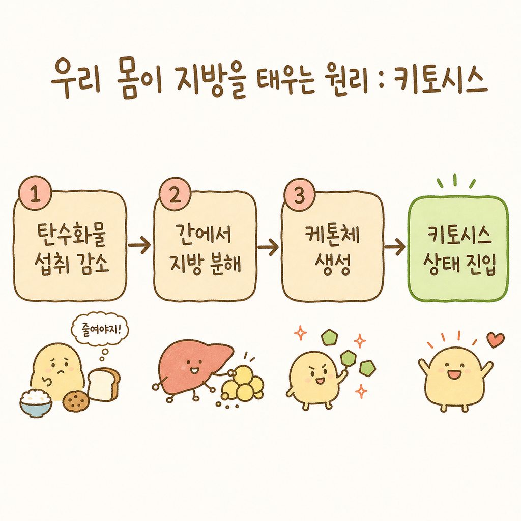 Sơ đồ luồng đơn giản cho thấy quá trình thay đổi nguồn năng lượng. Các mũi tên kết nối theo thứ tự: [Giảm hấp thụ carbohydrate] → [Phân giải chất béo tại gan] → [Tạo ra thể ketone] → [Đi vào trạng thái Ketosis].