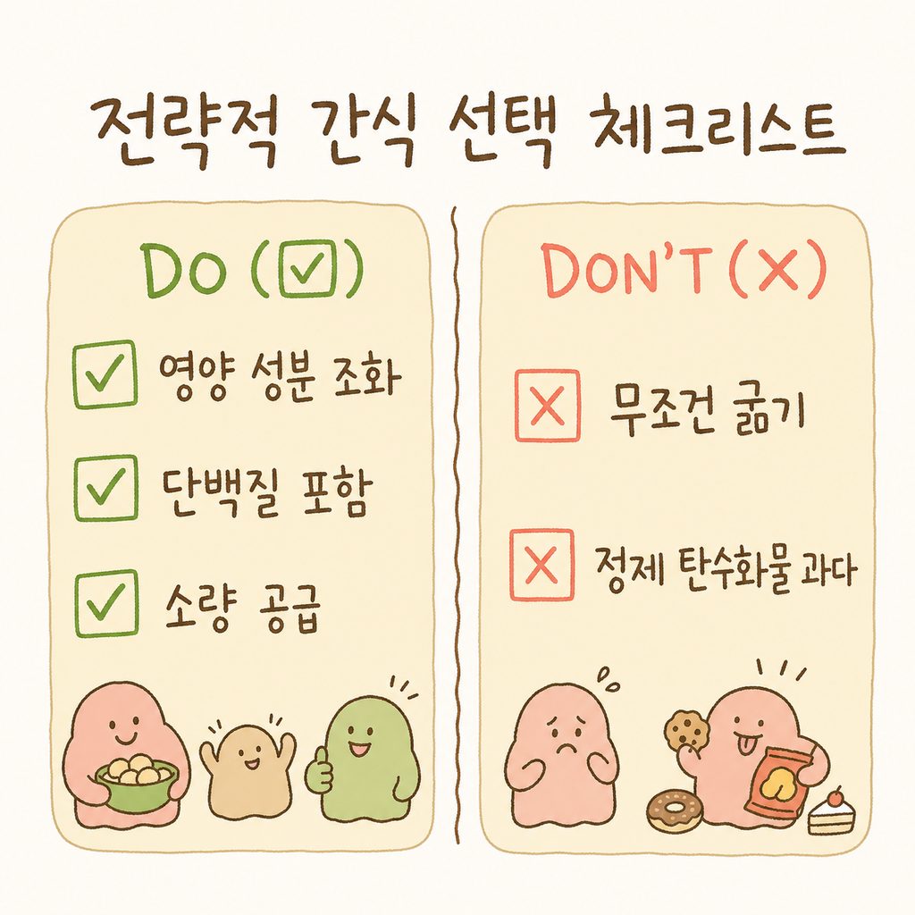 체크리스트 형태의 디자인. ✅ 표시에는 '영양 성분 조화', '단백질 포함', '소량 공급' / ❌ 표시에는 '무조건 굶기', '정제 탄수화물 과다' 배치.