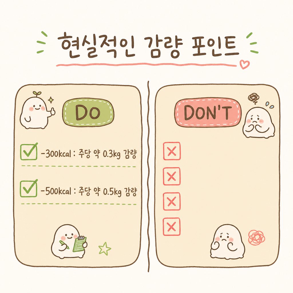 Hộp danh sách kiểm tra sạch sẽ. Bố trí kết quả khi giảm 300kcal/ngày và 500kcal/ngày cùng với các dấu tích.